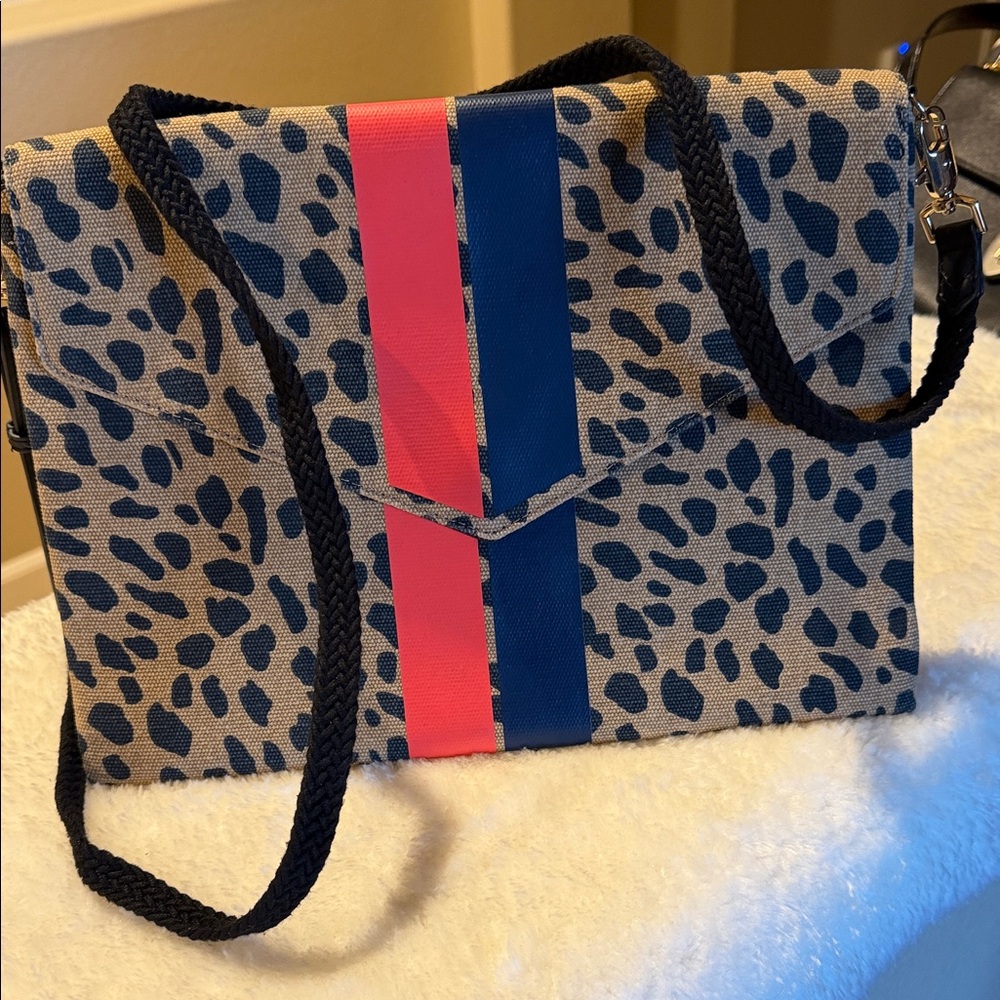 Stella&Dot Leopard Print Canvas Clutch with Navy & Coral Stripe